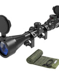 3-9x40 Rifle Scope with Red Green Illuminated Rangefinder Reticle, includes mounts and knit gun sock, side view