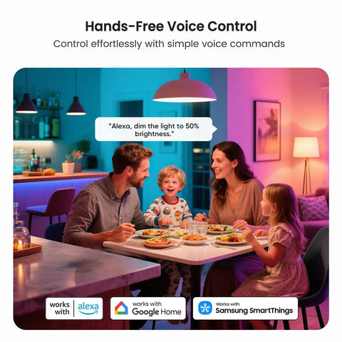 Family using dimmable multicolor and white LED bulb A19 E26 8W 60W equivalent with voice control at dinner table