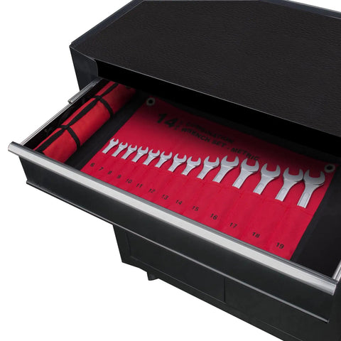 14 Piece Metric Wrench Set With Roll Up Pouch No Skipped Sizes From 6mm To 19mm Best Value For Everyday DIY displayed in drawer