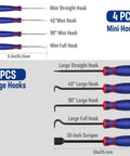 9 Piece Precision Pick And Hook Set With Scraper For Auto And Electronics featuring mini and large hooks with various angles.