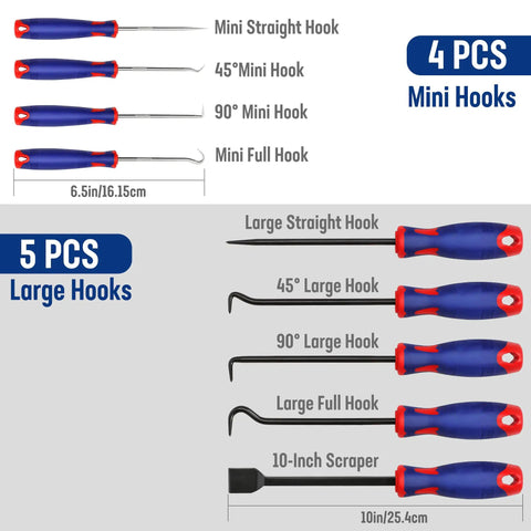 9 Piece Precision Pick And Hook Set With Scraper For Auto And Electronics featuring mini and large hooks with various angles.