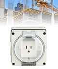 Yard Ready IP66 Weatherproof Outdoor Electrical Outlet And Power Socket With Durable PC Cover No Sweat Hookup Setup Backyard Essential Garden Workshop Heavy Duty Plug Station on a construction site.