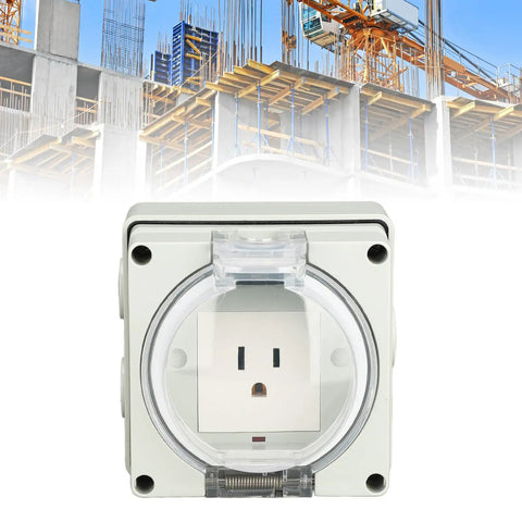 Yard Ready IP66 Weatherproof Outdoor Electrical Outlet And Power Socket With Durable PC Cover No Sweat Hookup Setup Backyard Essential Garden Workshop Heavy Duty Plug Station on a construction site.