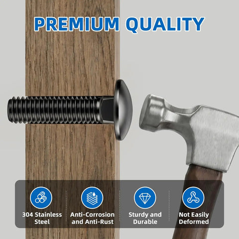 3/8-16 X 6 Carriage Bolt Kit With Nuts And Washers, Round Head Square Neck Bolts, 304 Stainless Steel, Full Thread, Black Finish, Heavy Duty Hardware Set For Furniture, Decks, Rails, Includes 4 Bolts, 4 Nuts, 4 Washers.