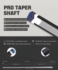 Slick Carbon Fiber Pool Cue Set Featuring Pro Taper Shaft And Low Deflection Design detail showing pro taper shaft construction.