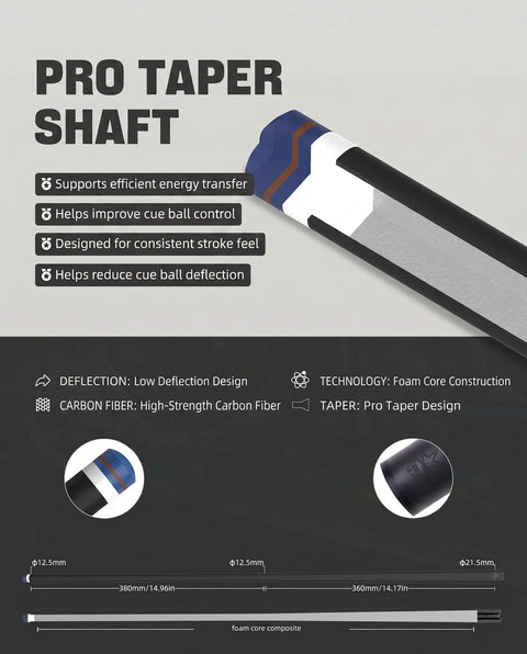 Slick Carbon Fiber Pool Cue Set Featuring Pro Taper Shaft And Low Deflection Design detail showing pro taper shaft construction.