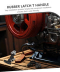 Heavy Duty Rubber Hood Latch Kit For Engines And Tool Boxes shown next to engine with red components on wooden surface