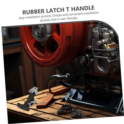 Heavy Duty Rubber Hood Latch Kit For Engines And Tool Boxes shown next to engine with red components on wooden surface