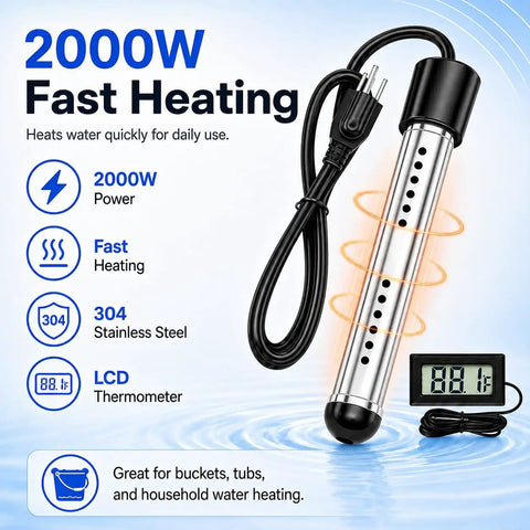 Heavy Duty 2 Pack 2000W Electric Immersion Water Heater With Digital Gauge For Instant Hot Water Fix Straight Up Rapid Heating Kit, stainless steel design with LCD.