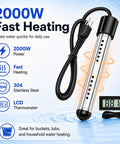 Top Shelf 2000W Submersible Tank Water Heater Featuring Sharp Digital Temperature Monitoring For Hassle Free Everyday Use And Lightning Fast Warm Water Delivery, compact stainless steel design, LCD thermometer.