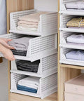 Four Pack Stackable Closet Organizers Bins For Kitchen Cabinets Pantry Office Bedroom Bathroom No Tool Needed White Durable Plastic Collapsible Drawer Baskets