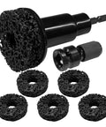 Kickass Heavy Duty Wheel Hub Cleaner Kit With Five Tough Scrub Brushes For Brake Dust And Lug Stud Degreasing, includes drill adapter and scrub discs.