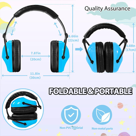 Kid Friendly Noise Canceling Headphones For Autism Ear Protection With Cushioned Headband And Soft Padding Built For Safe Comfort During Learning And Play Blue, foldable design, dimensions labeled.