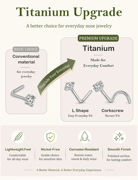 Titanium Upgrade graphic showing L Shape and Corkscrew styles for 18G Titanium Nose Studs And Rings For Women And Men Includes L Shape And Corkscrew Styles Hypoallergenic Nickel Free Body Jewelry.