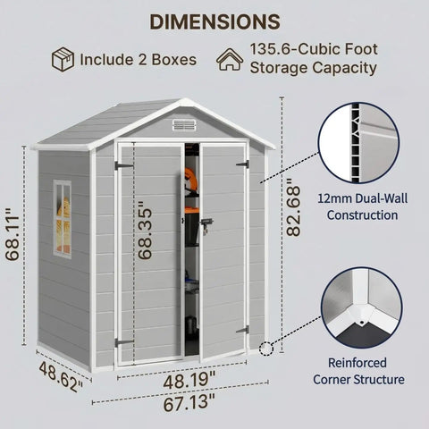 6x4.4 Ft Resin Outdoor Storage Shed dimensions with dual-wall structure and reinforced corners for tools and seasonal gear