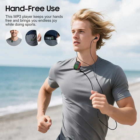 Man jogging on beach with Clip-On MP3 Player With LED Light, 8GB Mini Music Player For Sports, Gym, Running And Jogging, Lossless Sound Quality