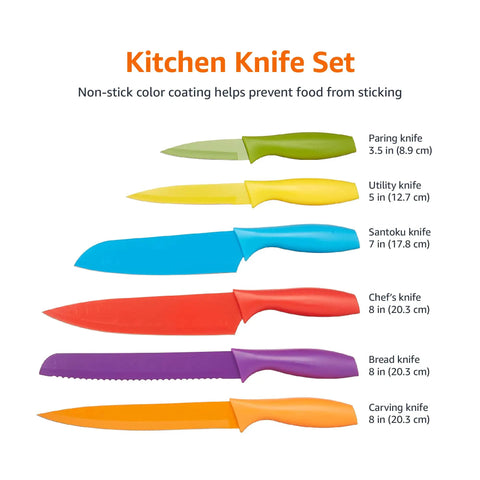 Twelve Piece Color Coded Kitchen Knife Set With Ergonomic Handles And Nonstick Blades Includes Chef Santoku Bread Paring Utility Carving Knives With Six Covers For Fast Prep And Slick Cleanup