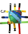 Colorful Buckle Pillow Sensory Toy For Fine Motor Development And Kid Friendly Hands On OT Therapy With Threading Counting Latches And Zipper Skill Practice SENSORY4U Plushie showing multiple straps and buckles.