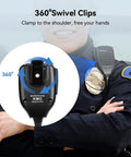 Police officer wearing a Shoulder Microphone For Two Way Radios Universal Walkie Talkie Mic With 2 Pin K Plug, showing 360 swivel clip.