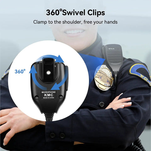 Police officer wearing a Shoulder Microphone For Two Way Radios Universal Walkie Talkie Mic With 2 Pin K Plug, showing 360 swivel clip.