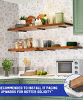Kitchen with wooden shelves using Heavy Duty Floating Shelf Brackets Set 6 Inch Long 6 Pack Black Coated Metal Wall Shelf Supports