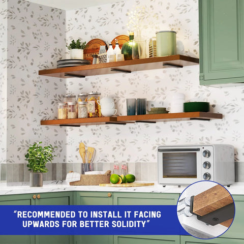 Kitchen with wooden shelves using Heavy Duty Floating Shelf Brackets Set 6 Inch Long 6 Pack Black Coated Metal Wall Shelf Supports