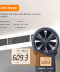 Pro Handheld HVAC Anemometer And CFM Flow Meter With Wet Bulb Temp Wind Speed Temperature Humidity Dew Point And Max Min Readouts For Smooth Boss Level HVAC Balancing And Quick Computer Sync showing duct vent CFM display