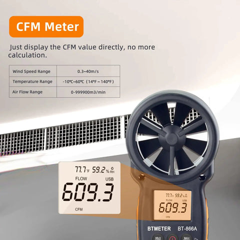 Pro Handheld HVAC Anemometer And CFM Flow Meter With Wet Bulb Temp Wind Speed Temperature Humidity Dew Point And Max Min Readouts For Smooth Boss Level HVAC Balancing And Quick Computer Sync showing duct vent CFM display