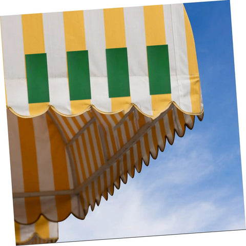 Heavy Duty Repair Tape Workhorse For Greenhouses Tents Canopies RV Awnings And Boats on a striped awning.