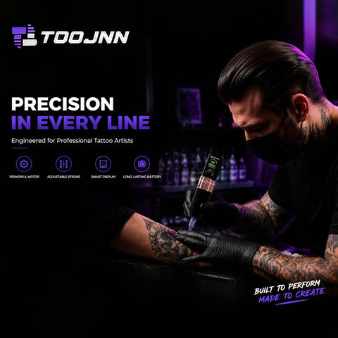 Tattoo artist using All In One Wireless Tattoo Pen Kit With OLED Display For Beginners Includes Cartridges Practice Skin Ink Cups Gloves Type C Cable And 2400mAh Battery For At Home Tattoo Practice on client's arm