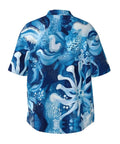 Rear view of Ice Flowers Print Short Sleeve Shirt With Collar For Yacht Parties And Summer Nights Black Mens Shirt.