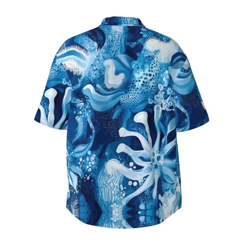 Rear view of Ice Flowers Print Short Sleeve Shirt With Collar For Yacht Parties And Summer Nights Black Mens Shirt.