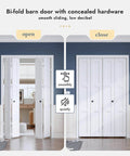 White Bifold Sliding Interior Closet Doors For 72 By 80 Inch Opening, 3 Panel Barn Door Slab With 6 Foot Concealed Hardware Kit Included, MDF Wood Core With PVC Surface, Space Saving Bi Folding Barn Door For Modern Homes.