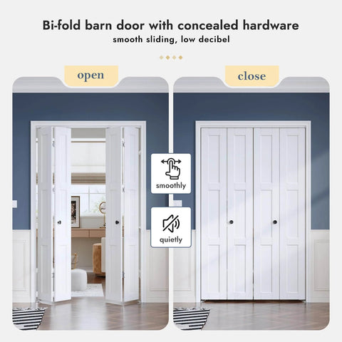 White Bifold Sliding Interior Closet Doors For 72 By 80 Inch Opening, 3 Panel Barn Door Slab With 6 Foot Concealed Hardware Kit Included, MDF Wood Core With PVC Surface, Space Saving Bi Folding Barn Door For Modern Homes.