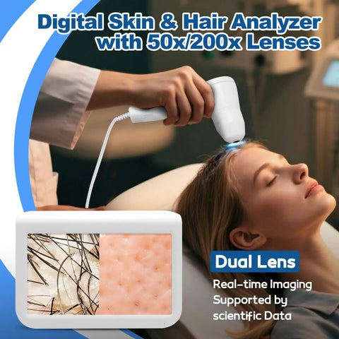 10.2 Inch Skin And Hair Analyzer Pro Grade Gear with LCD Screen digital skin detector in use for scalp analysis, dual lens view.
