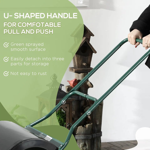 Close-up of green U-shaped handle on 20 Inch Push And Tow Behind Lawn Roller With 16 Gallon Water Or Sand Fill Ideal For Flattening Sod And Smoothing Uneven Lawns In The Garden Heavy Duty Drum Roller For Tight And Open Spaces