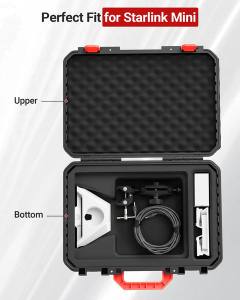 Open waterproof hard case for Starlink Mini Kit showing foam inserts for organized storage of components, black.