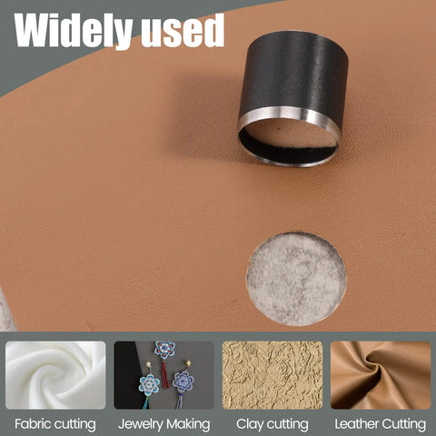 Leather Circle Cutter Tool Set With 25 Pcs Hole Punch Die Carbon Steel Punching Kit on leather showing cut hole and cutter.