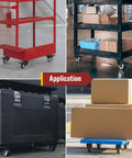 HOLKIE 3-inch heavy-duty swivel caster wheels with safety brakes installed on red wire cart, black cart, and blue dolly.