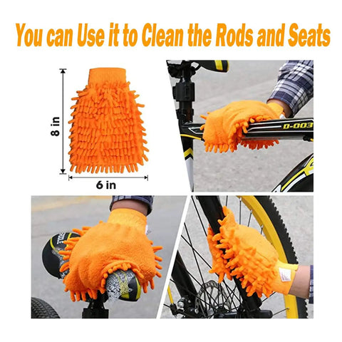 10 Piece Bicycle Cleaning Kit With Chain Cleaner, gloves cleaning bike rods and seats, orange microfiber mitt, close-up