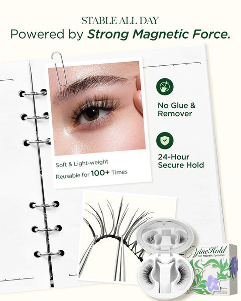 Close-up of eye with All In One Magnetic Eyelashes Kit With Applicator And Lash Fixer HX08 showing secure fit and packaging.