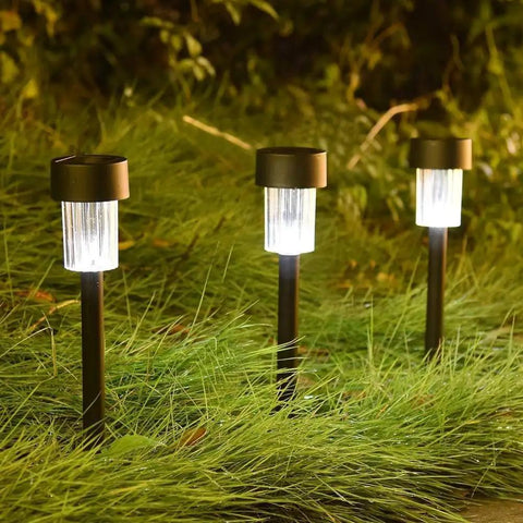 12 Pack Solar Pathway Lights illuminating grass in outdoor landscape lawn at dusk
