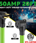 Heavy Duty 20 Ft Welder Extension Cord 50 Amp 6 AWG NEMA 6 50P To 6 50R 250V Welding Cable ETL Listed Low Voltage Drop Ideal For Continuous Duty Machines And Heavy Welders. 20 ft green cord with 6-50P and 6-50R plugs