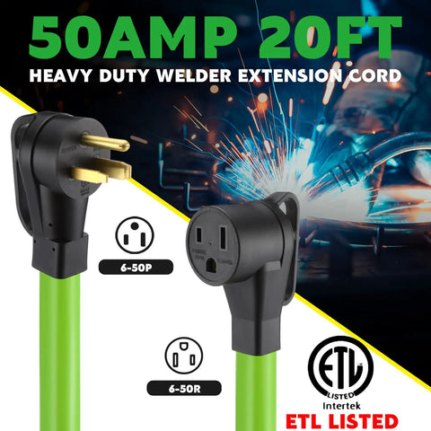 Heavy Duty 20 Ft Welder Extension Cord 50 Amp 6 AWG NEMA 6 50P To 6 50R 250V Welding Cable ETL Listed Low Voltage Drop Ideal For Continuous Duty Machines And Heavy Welders. 20 ft green cord with 6-50P and 6-50R plugs