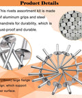 Aluminum Large Flange Blind Rivets Kit, 3/16 x 3/8 Inch Pop Rivets With 5/8 Inch Flange Diameter, shown in detail close-up view.