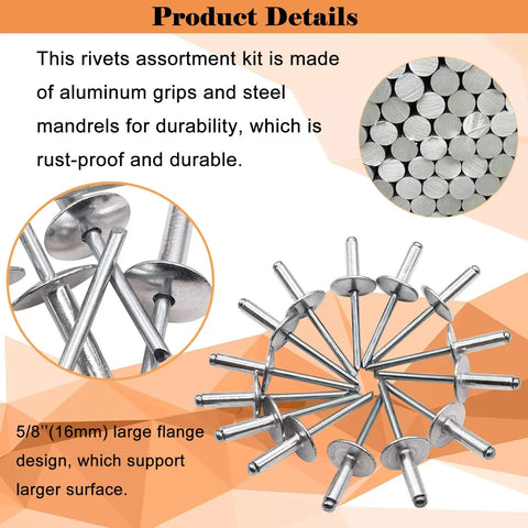 Aluminum Large Flange Blind Rivets Kit, 3/16 x 3/8 Inch Pop Rivets With 5/8 Inch Flange Diameter, shown in detail close-up view.