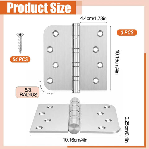 3 Pack Heavy Duty 304 Stainless Steel Door Hinges With Ball Bearings Built Like A Beast No Sweat Rust Protection Square 4X4 Inch Plates shown with dimensions and screws.