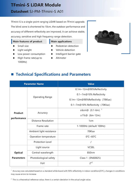 TFmini-S LiDAR Module High Precision ToF Laser Radar Distance Sensor For Robotics And Automation Builds DIY Friendly 0.1 To 12 Meter Range 1000 Hz Frame Rate UART I2C IO Outdoor Ready Fast And Reliable with specifications display.