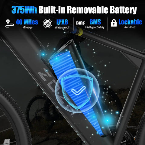 Close-up of 375Wh built-in removable battery on Powerful 1000W Peak Electric Bike For Adults, 26 Inch Ebike, black