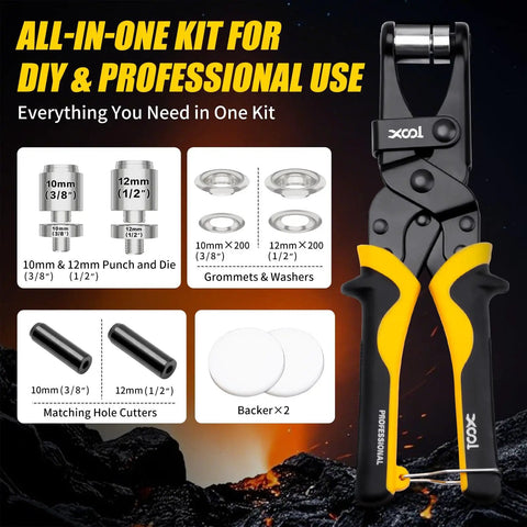 2 In 1 Grommet Tool Kit With Twist Change Heads 12mm And 10mm Magnetic Punching System For Canvas Leather Tarps DIY Includes 400 Pcs Grommets And Washers, showing tool, punch heads, and grommets.